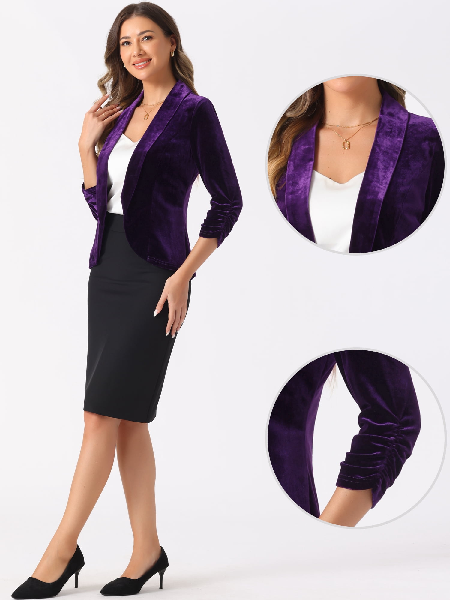 DARING DIVA Women's Velvet Shawl Lapel Collar Open Front Cardigans S Purple