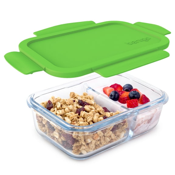 Bentgo Glass Snack (Green) – 2-Compartment Bento-Style Glass Food Storage for Snacks and Small Meals | Ideal for Meal Prep and Leftovers – FDA-Approved, BPA-Free, Food-Safe Materials