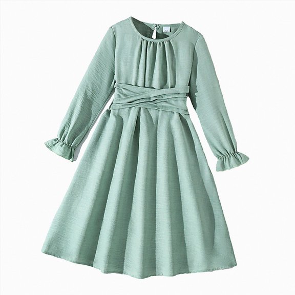 WXFAZCVU Girls Long Sleeve Dress Crewneck Casual Party Dresses Kids Back to School Outfits Size 10-11 Years