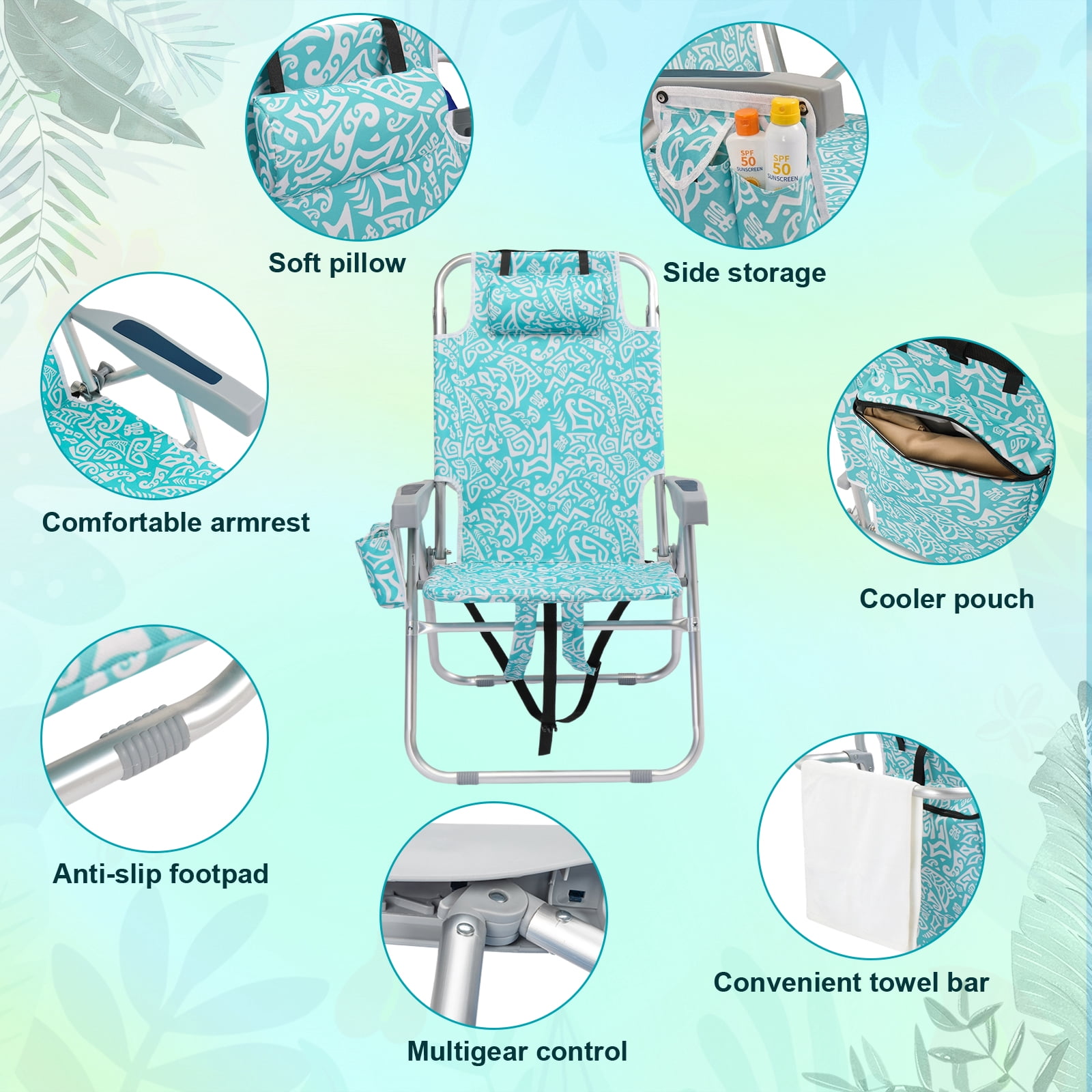 Ktaxon Tall Backpack Beach Chair, 5-Position Protable  Beach Chair, Light-Weight Foldable Camping Chair with Back Storage Bag & Cooler Pouch and Side Bags for Beach Poolside (Green Tribal Print)