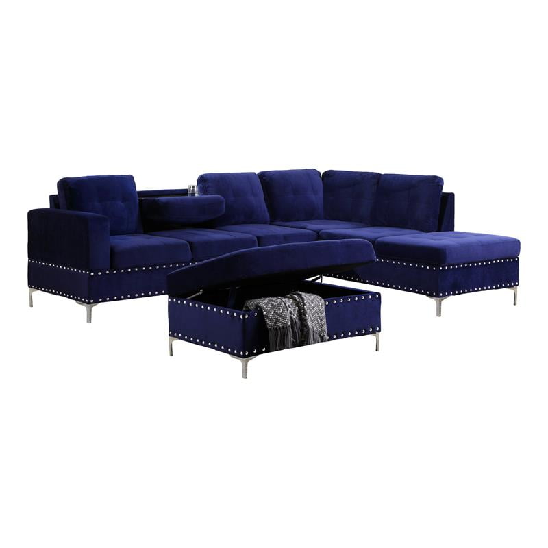 Bella Esprit Velvet Fabric Reversible Sectional With Storage Ottoman In Blue Com Bella Esprit Velvet Fabric Reversible, Ready To Assemble Sectional Sofa