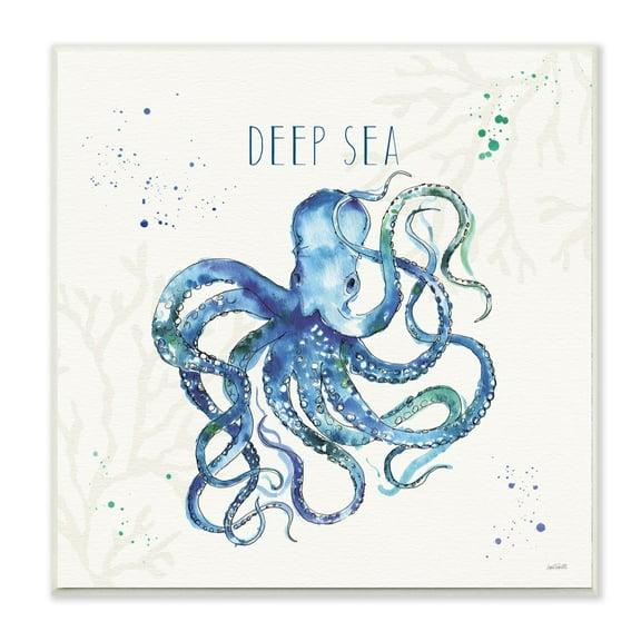 Stupell Industries Deep Sea Text Octopus Blue Green Watercolor Unframed Art Print Wall Art, 12x12, by Anne Tavoletti