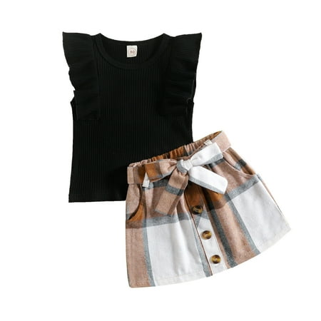 

ZRBYWB Kids Toddler Baby Girls Clothes Spring Summer Ribbed Cotton Sleeveless Tops Plaid Skirts Set Clothes