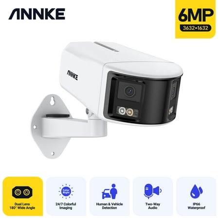 ANNKE Panoramic Outdoor Poe Dual Lens IP Security Camera, 6MP Resolution, 180° Ultra Wide Angle, f/1.2 Super Aperture, BSI Sensor, Color Night Vision & Infrared Night Vision, Built-in Mic, Active Sire
