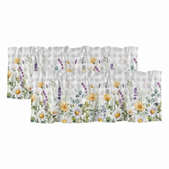 Yellow Flower Curtain Valances for Windows, Kitchen Valance Window Treatments Panel 2 Pack, Country Eucalyptus Lavender Daisy Plaid Grey Rod Pocket Short Curtains for Bathroom Bedroom 54 x 18 Inch