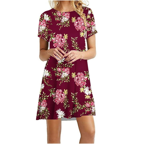 Bigersell Casual Summer Mini Dress Women Floral Printed Round Neck ...