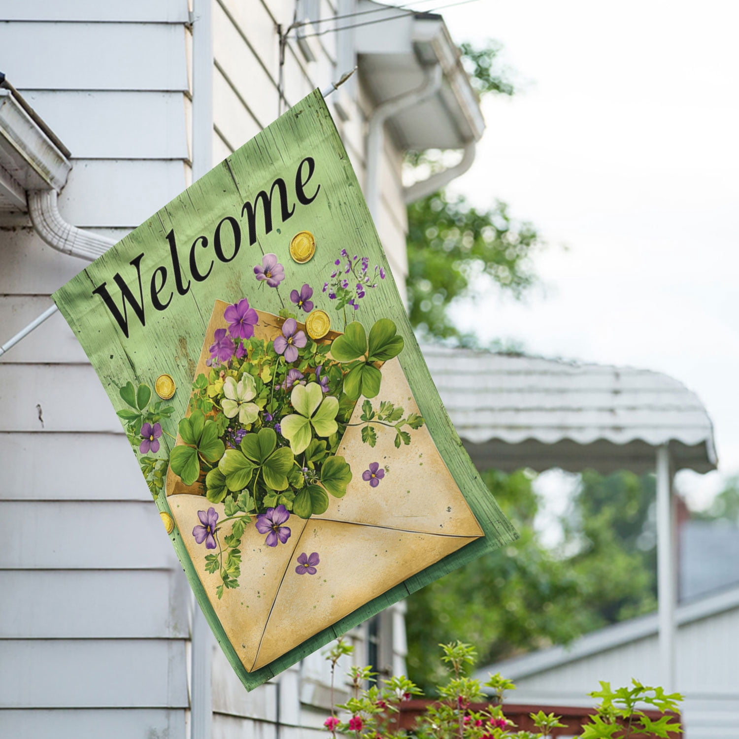 America Forever Welcome Shamrock Violet House Flag, 28 x 40 inch Double Sided, St Patrick Day Clover Purple, Irish Spring Lucky Flower Flag
