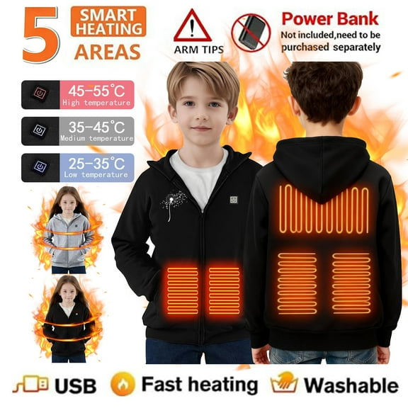 ATOGUTA Kids Electric Heated Hoodies Lightweight Electric Heating Hooded Sweatshirt Winter Outdoor Warm Jacket with No Battery Size 4T-13 Black