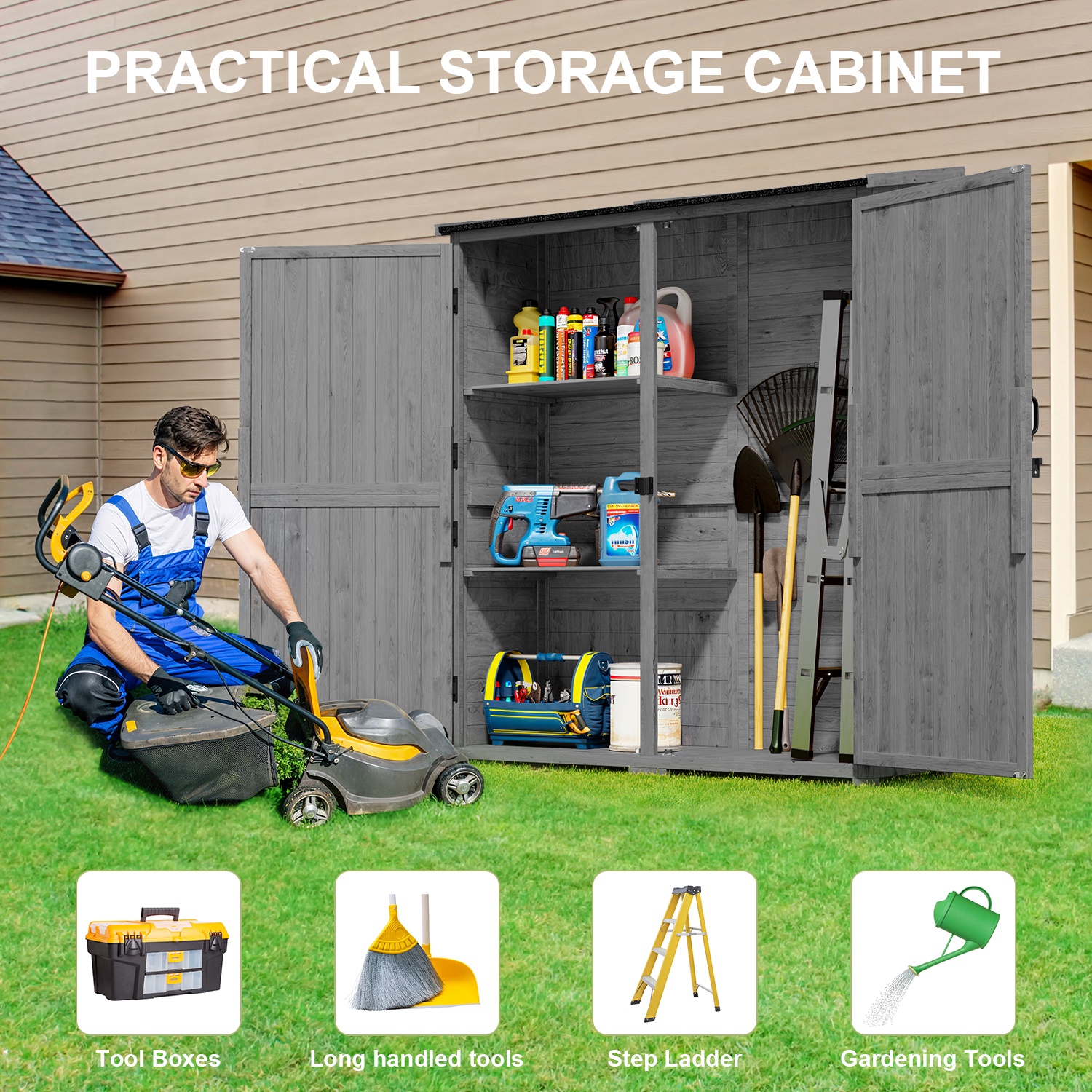 Asofer Outdoor Storage Cabinet with Floor, Waterproof Roof, Double Lockable Doors Garden Shed with 2 Removable Shelves, Gray