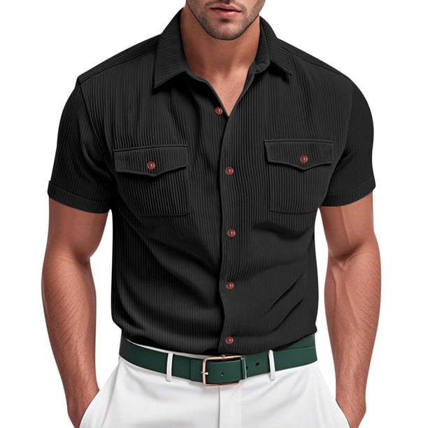 pstuiky camisetas para hombre, Camisa informal de verano para hombre, de color liso, con botones, bolsillo y manga corta con solapa ropa de hombre xxl