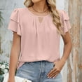 thumbnail image 3 of Fanxing Womens Summer Chiffon Tops Ruffled Short Sleeve T Shirts with Keyhole Basic Solid Color Tees Shirt Pink,L, 3 of 8