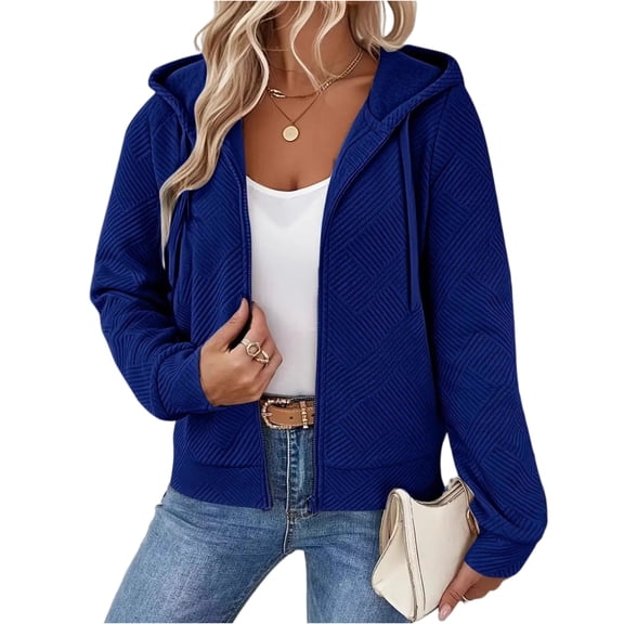 LWavelet Trendy Hooded Zipper Textured Jacket Women Cozy Fall Casual Versatile Layered Outerwear Royal Blue 2XL