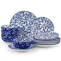 12-Piece Blue Porcelain Dinnerware Set Service for 4 Vine Flower Pattern Bowls and Plates Set for Kitchen Dinning