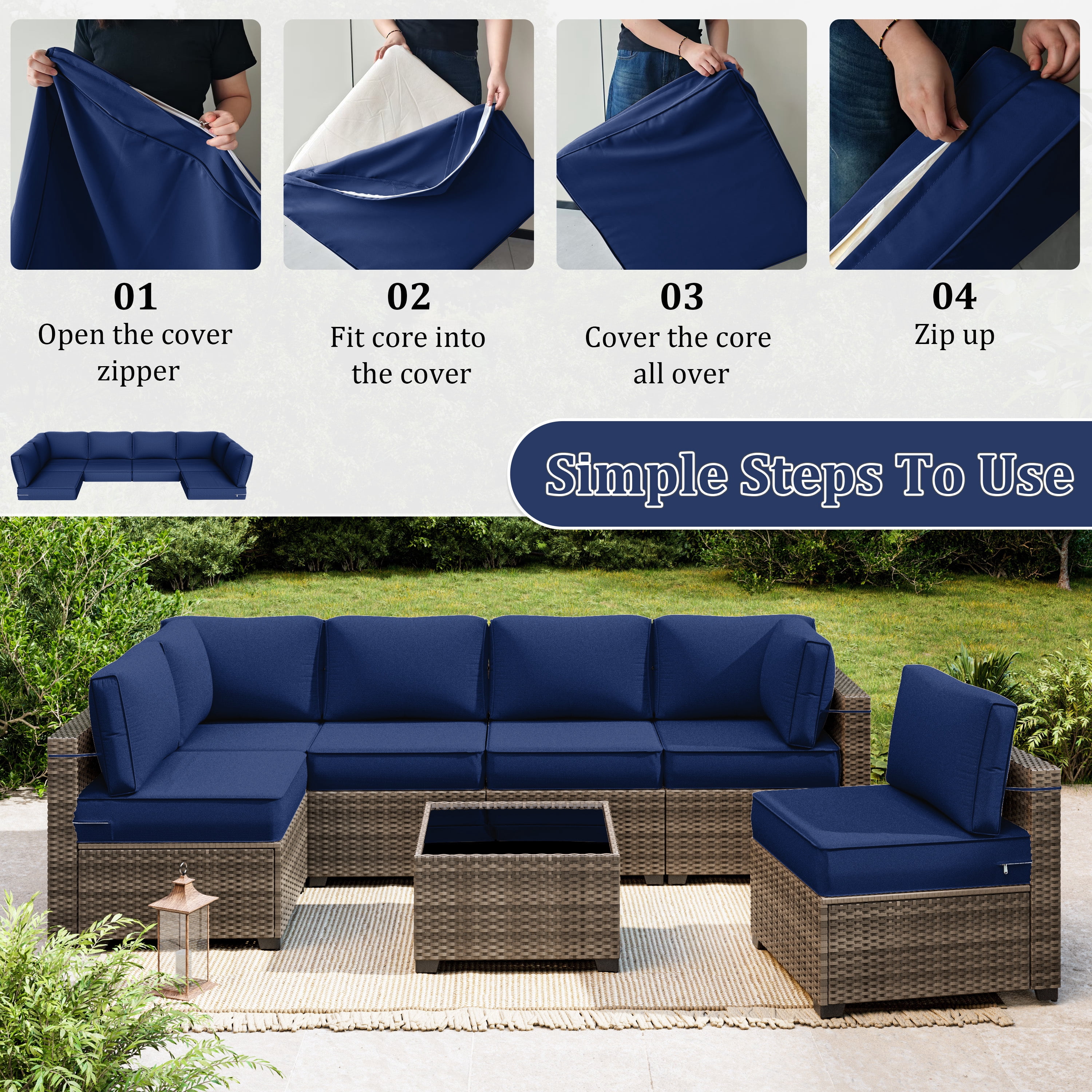Snubbull 14 Piece 26" x 26" Patio Cushion Covers Replacement, Outdoor Patio Wicker Sofa Washable Cushion Slipcovers with Zipper, Blue