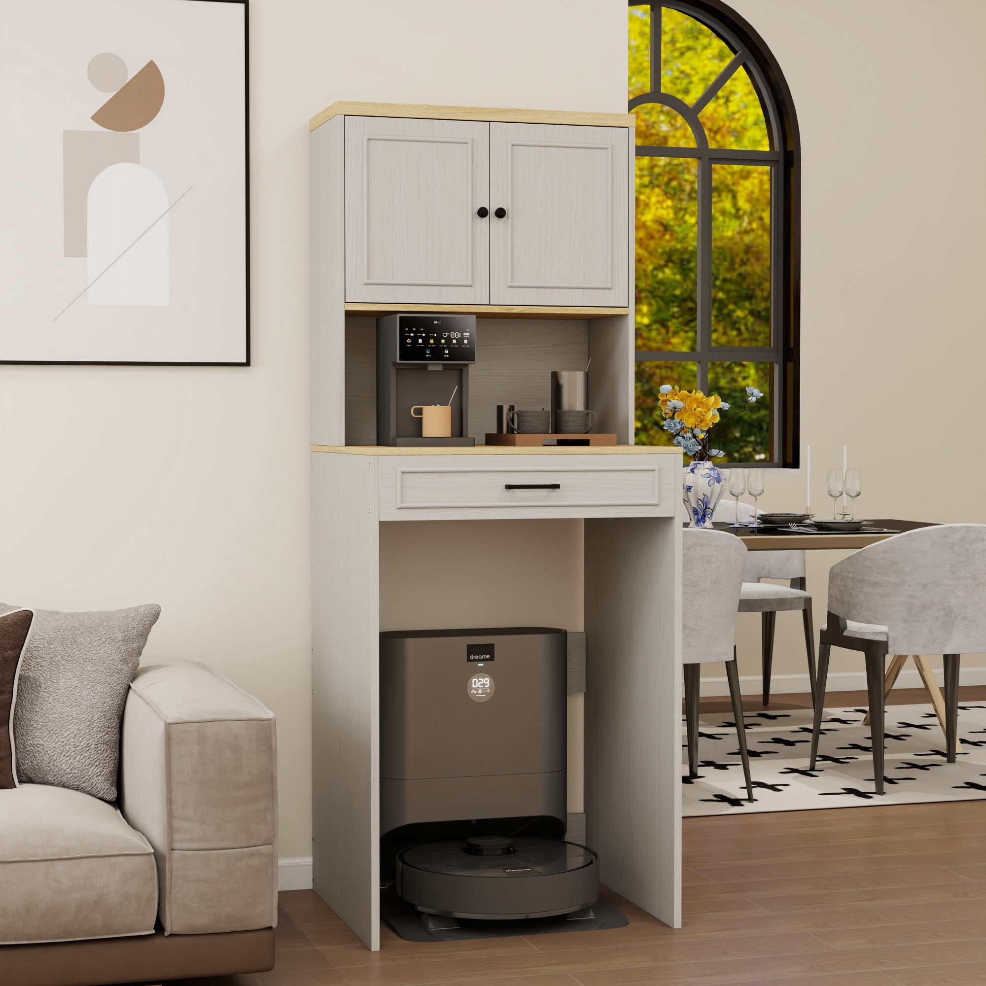 AENKYO Over-The-Washer Cabinet, Laundry Storage with Adjustable Shelf, Organizer for Compact Washers, Antique White
