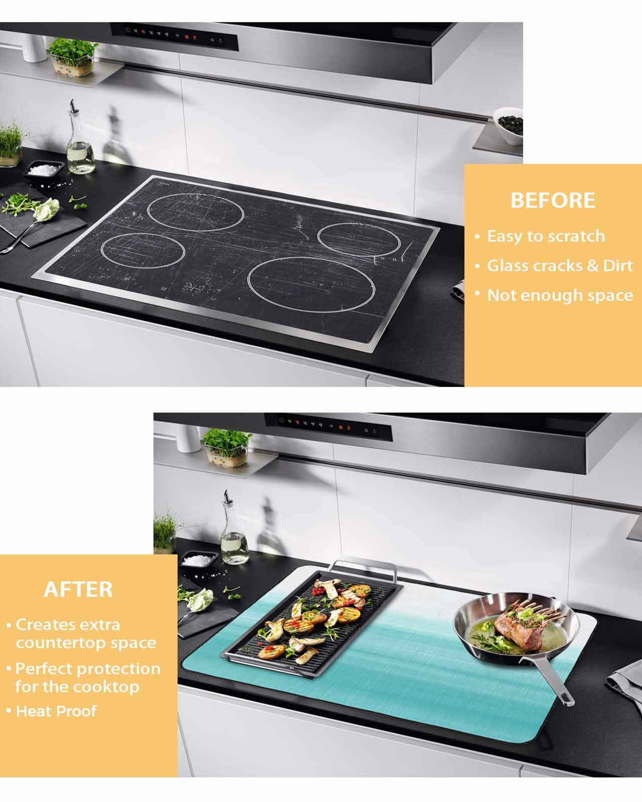 nqOlkjepod Large Induction Cooktop Protector Mat 24"x21", Aqua White Ombre Stove Top Covers for Electric Stove, Chic Modern Funny Abstract Striped Art Stove Burner Cover Mats, Glass Top Stove Cover
