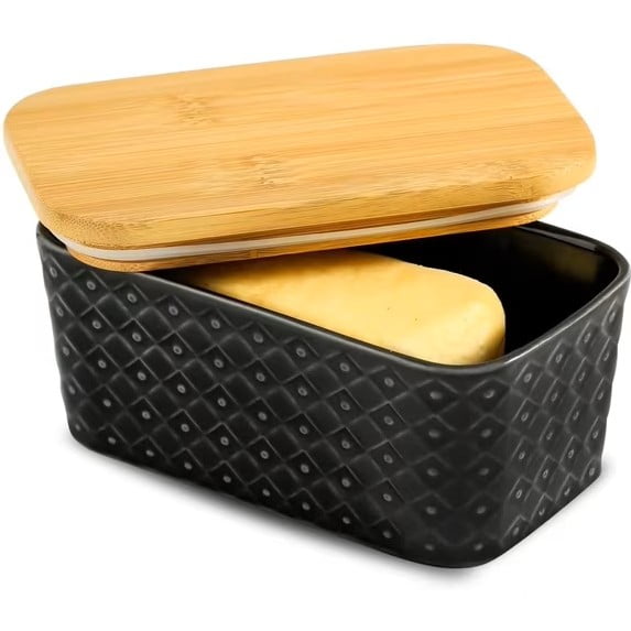 Tikooere Ceramic Butter Dish with Lid,Large Butter Container with Airtight Cover for Countertop or refrigerator,Farmhouse Butter Holder for Kitchen Gifts,Dishwasher Safe,Black Embossed Pattern