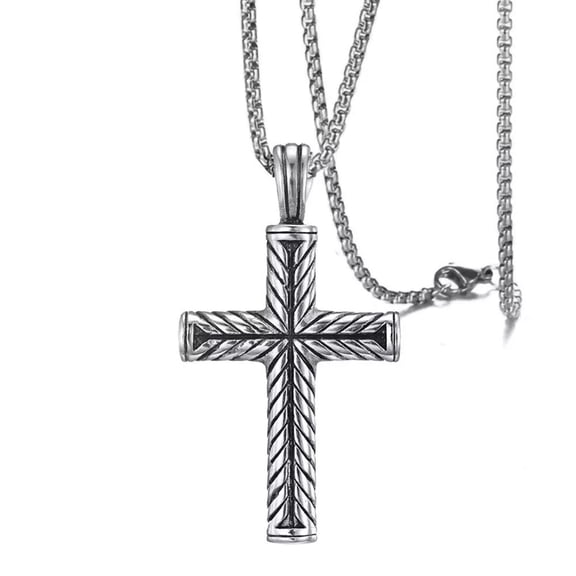Antique Silver Cross Pendant Necklace Unisex Box Chain Stainless Steel N19