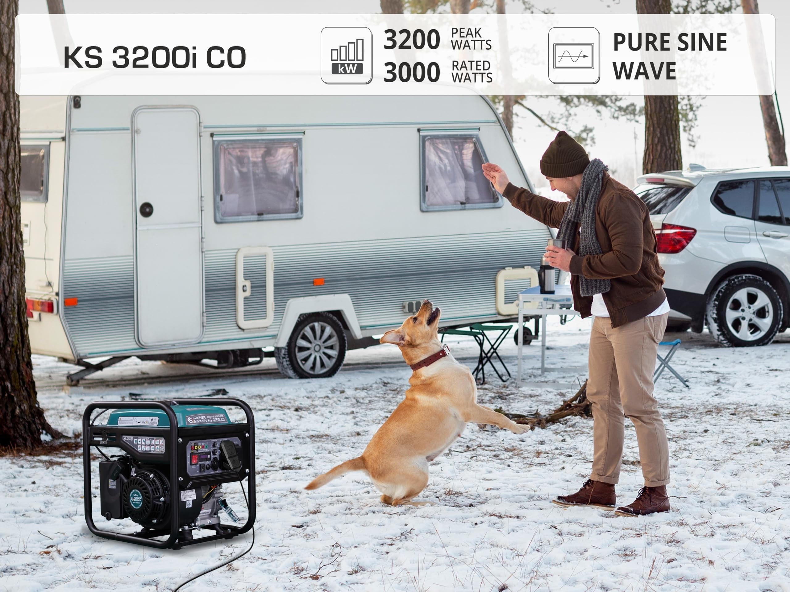 Konner & Sohnen Gasoline Inverter Generator 3200 Watts with CO Sensor and Fuel-Efficient Technology Open Frame Recoil Start for Home Backup Camping