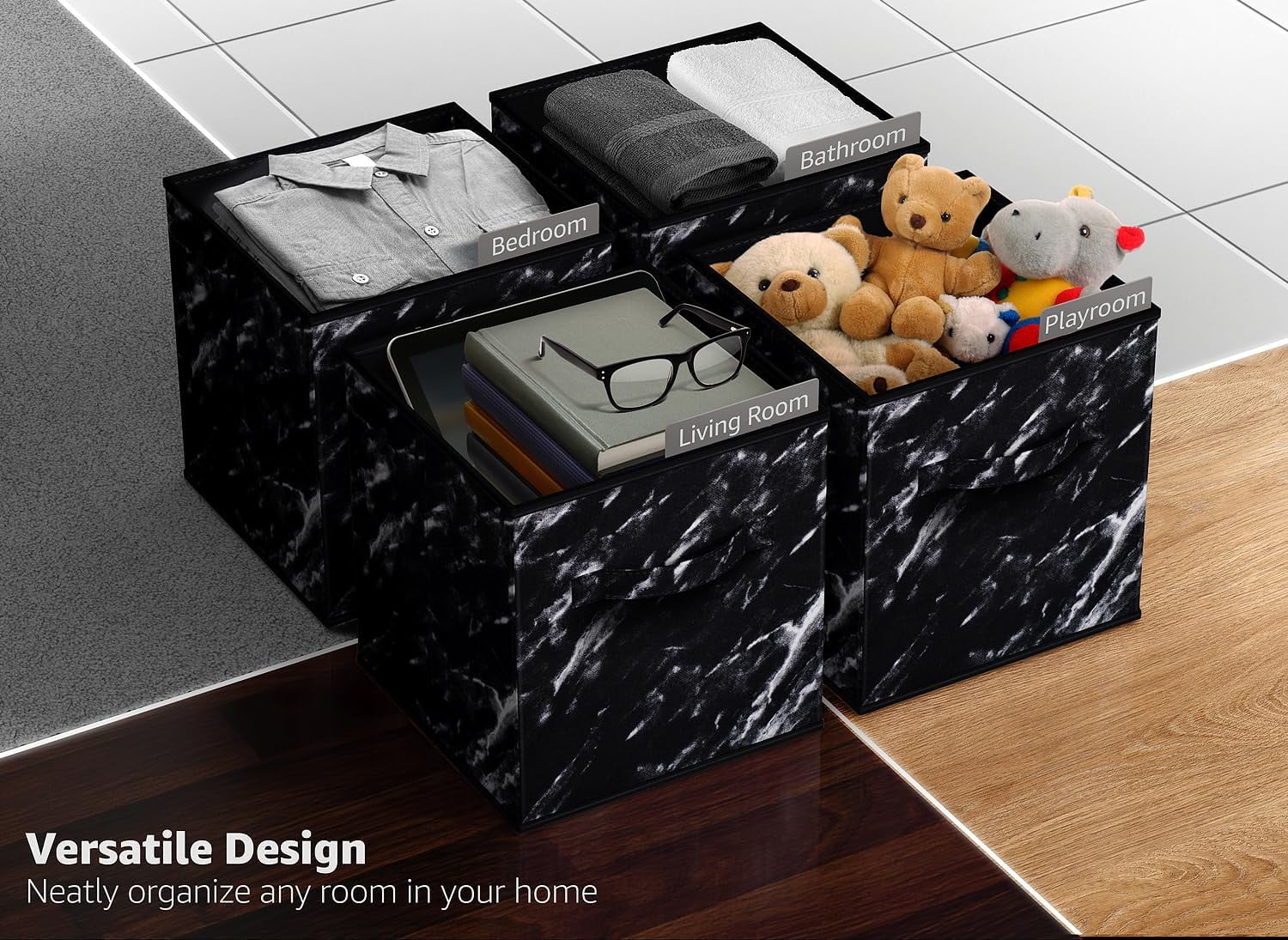 Sorbus Fabric Foldable Storage Cubes Organization Bins, Great for Home Organization, Living Room, Cube Storage Bins, for Closet, Nursery, Playroom, College Dorm, Marble Print Fabric, Black