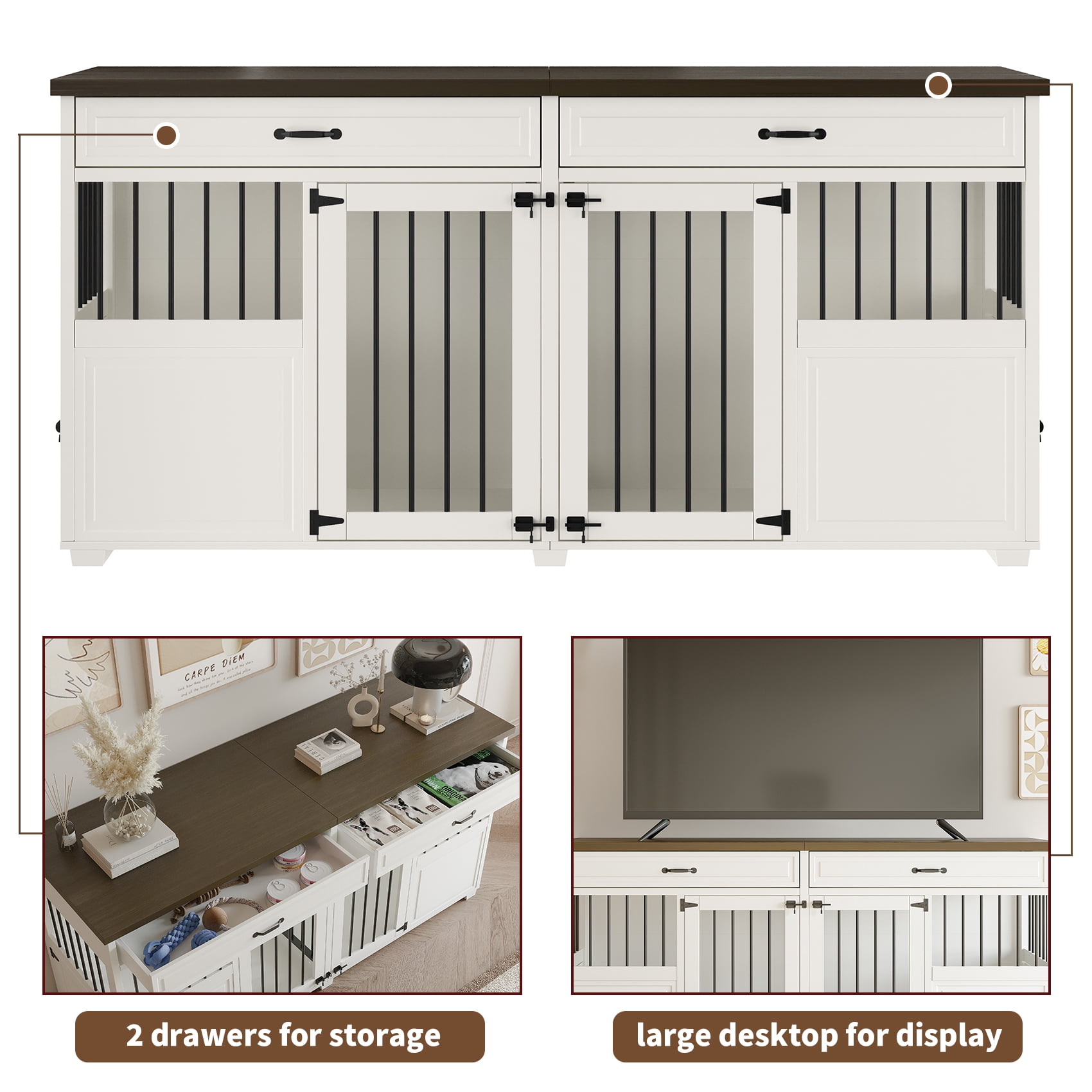 Faceket Lockable 4-Door 72.1" Wooden Furniture Style Crate for Dogs with Divider and 2 Drawers