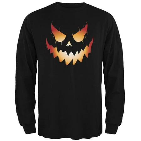 Black Long T-shirt - Halloween Evil Jack-O-Lantern Pumpkin Black Adult Long Sleeve T-Shirt