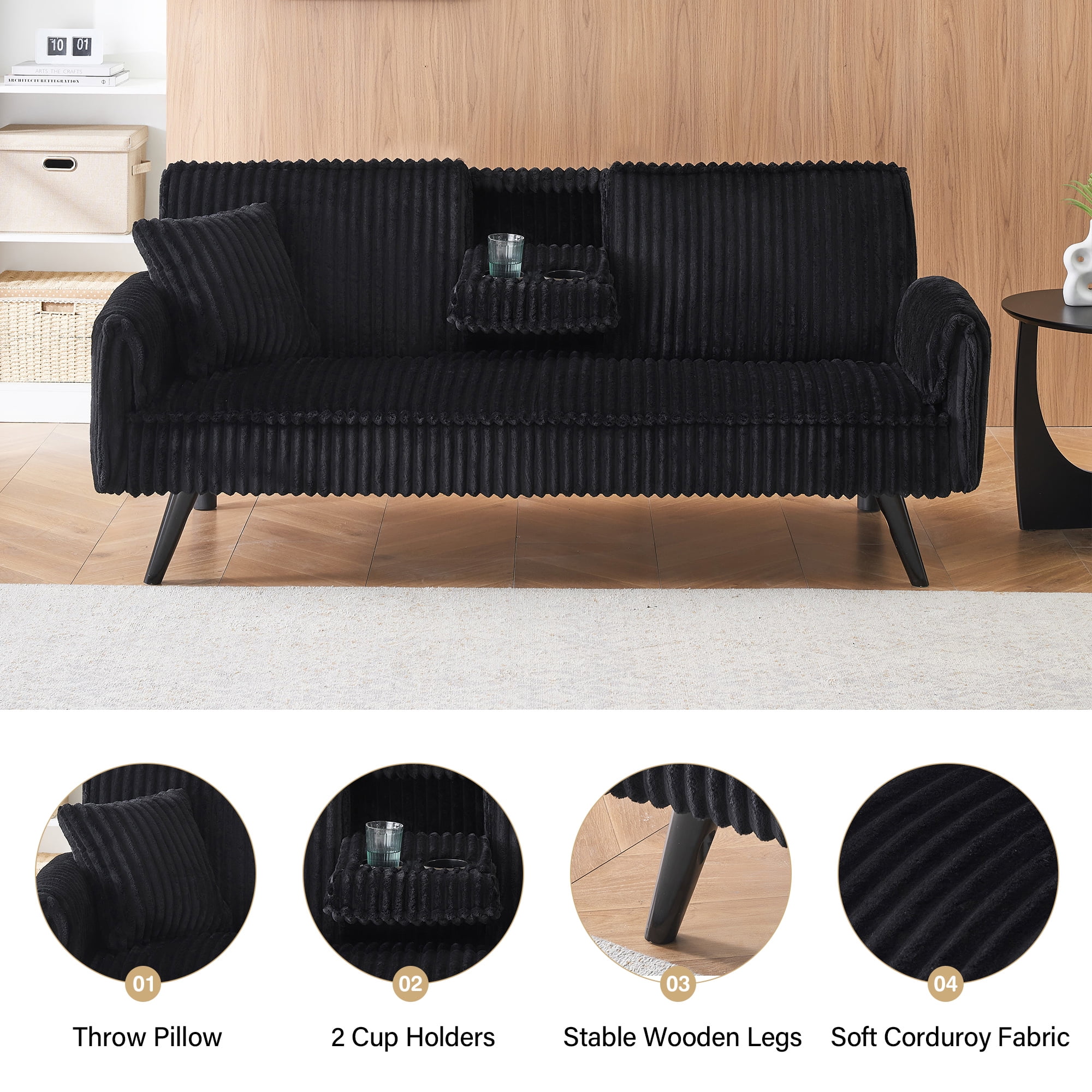 Aukfa 72" Futon Convertible Sofa Bed, 2 Cup Holders& Pillow, Straight-line Tufted Corduroy, Black