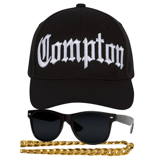 Kit de Costume de Rappeur des Années 80 pour Hommes - Chapeau Courbé + Sunglases + Collier Chaîne