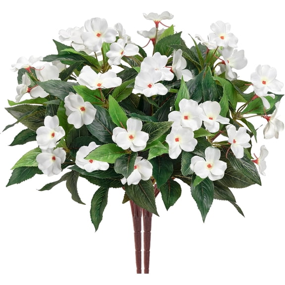 Fake Flowers Artificial Flowers for Outdoor,Artificial Plant Artificial Impatiens Bouquet Flowers for Outdoors Decoration,Silk Spring Artificial Plants for Outdoors Indoor Decor 2PCS (White