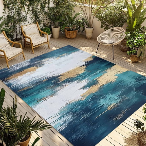 Abstract Graffiti Art Outdoor Rug 4x6 ft Gold Blue Blend Texture Non Slip Patio Rug Washable Absorbent Large Outdoor Carpet Outside Mat for Porch RV Garden Camping