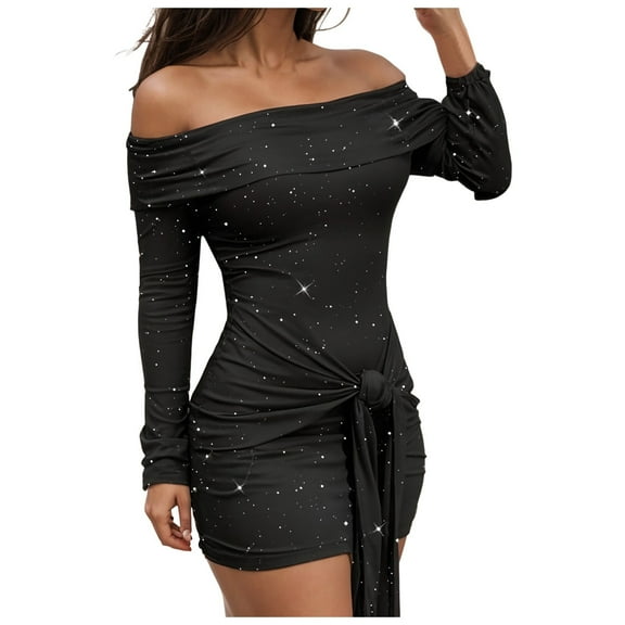 Sequin Bodycon Mini Dress for Women Black Sexy Sparkly Off The Shoulder Ruched Long Sleeve Dress