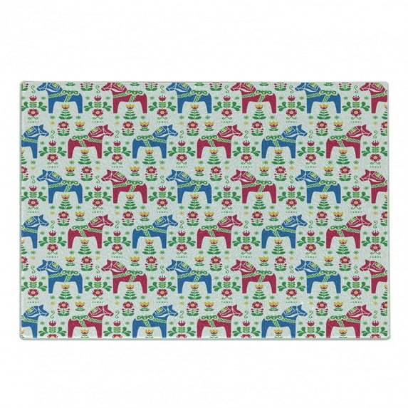 Horses Cutting Board, Classic Swedish Dalecarlian Coral Azure Blue Animals and Green Floral Arrangement, Decorative Tempered Glass Cutting and Serving Board, Small Size, Multicolor, by Ambesonne