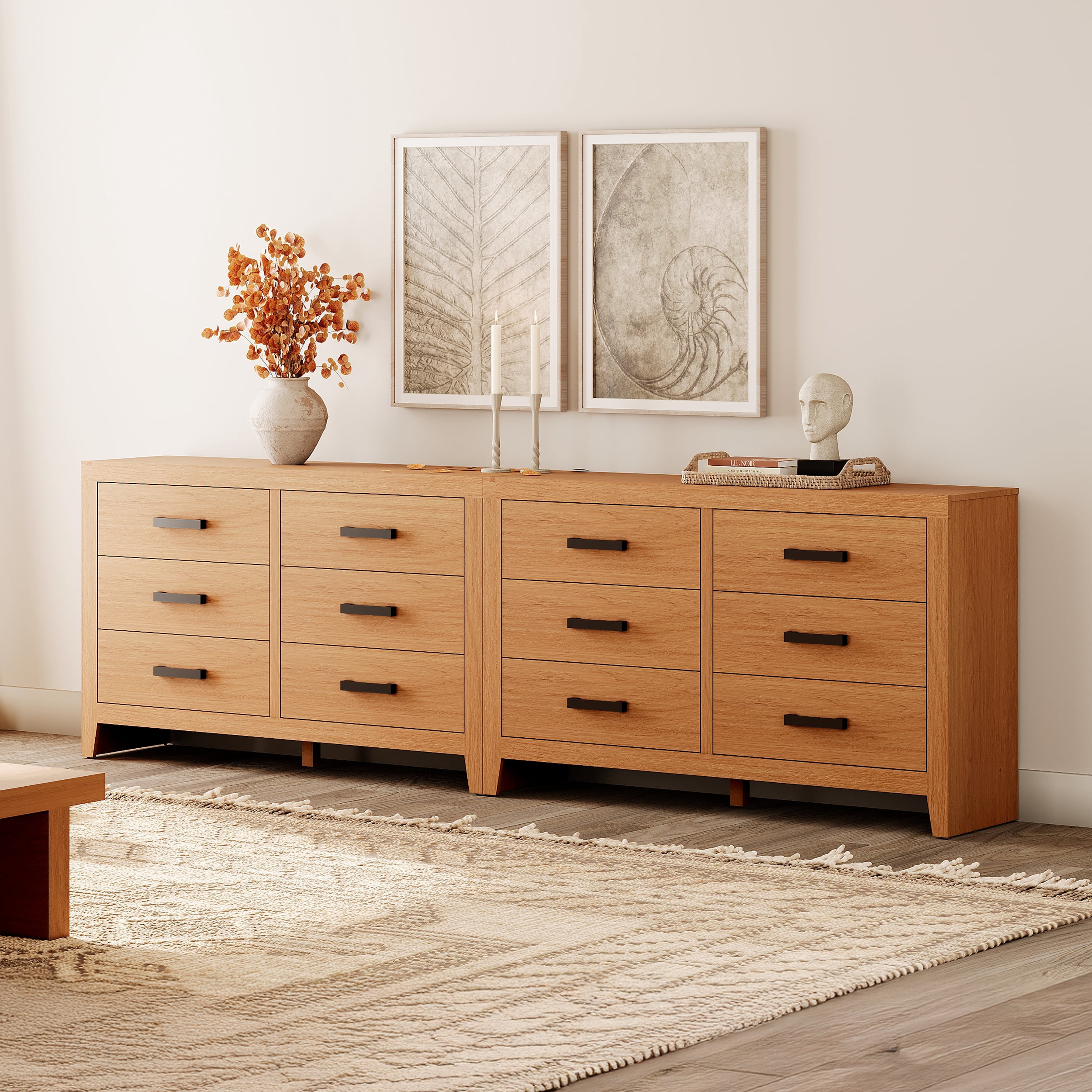 WAMPAT Farmhouse Wooden Sideboard with 12 Drawers, 106 Inch Wide Rustic Storage Sideboard Cabinet, Multi-Functional Buffet Cabinet for Living Room, Dinning Room, Beige
