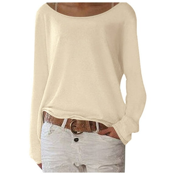 UJNDER Women's Solid Color Knit T Shirt Top Long Sleeve Basic Layering Shirts for Women Comfortable for All Seasons Beige XXL
