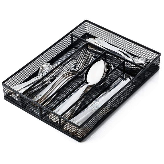 Drawer Organizer, Cutlery Tray Silverware Flatware Storage Divider for Kitchen, Mesh Wire with Non-slip Foam Feet, 5 Component, Silver