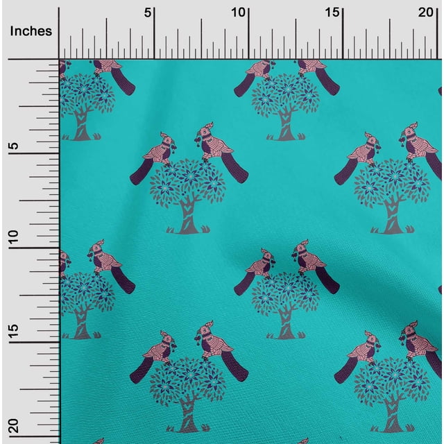 oneOone Cotton Poplin Fabric Bird & Tree Block Printed Fabric 1 Yard 56 Inch Wide