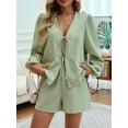 thumbnail image 4 of Women'S 2 Piece Outfits Set Long Sleeve Tie Front Top Short Set Casual Tracksuit Pajama Sets Green XL, 4 of 8