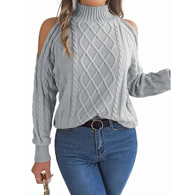 Womens Cold Shoulder Sweaters 2025 Fall Winter Long Sleeve Soft Chunky Cable Knit Pullovers Jumper Tops Grey M