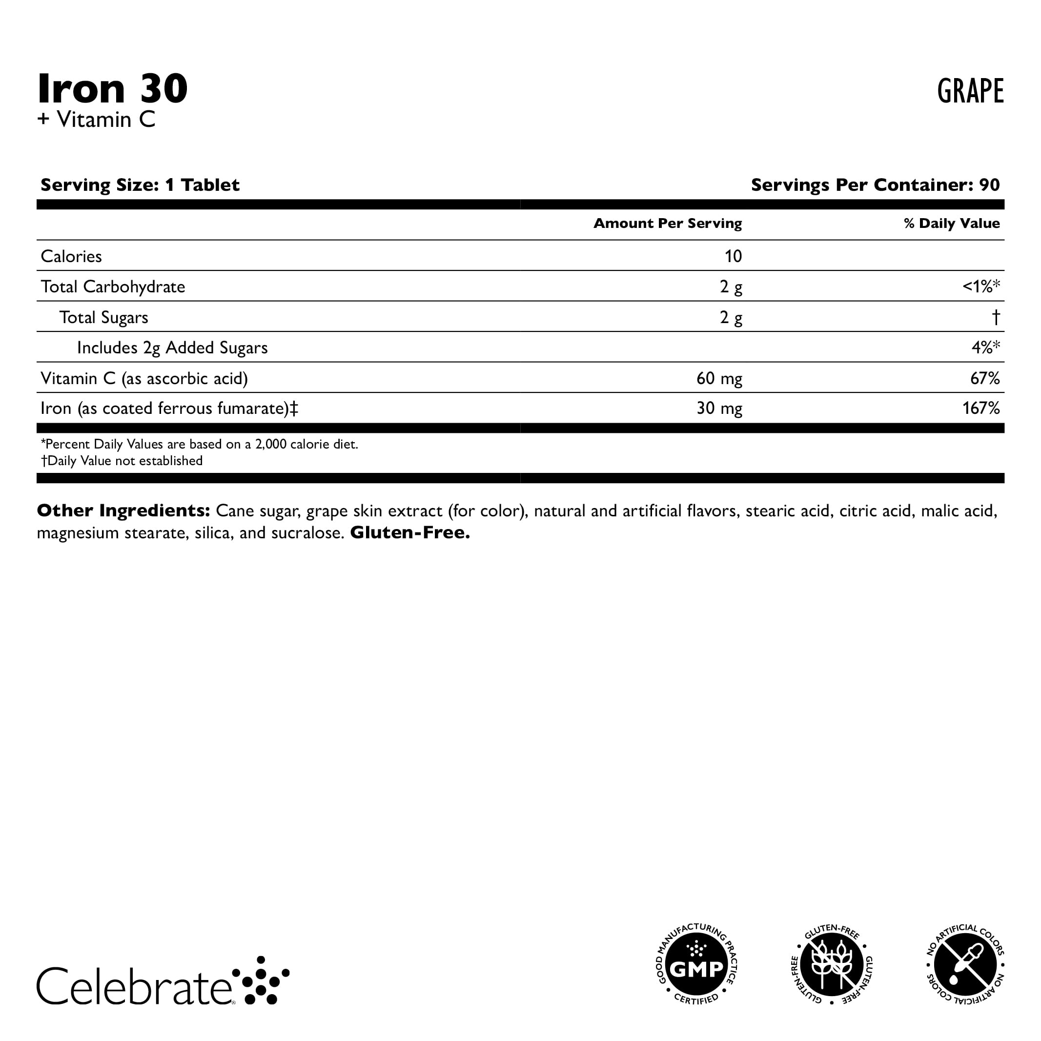 Celebrate Vitamins 30 mg Iron + Vitamin C Chewable Tablets - Grape Flavor - 90 count