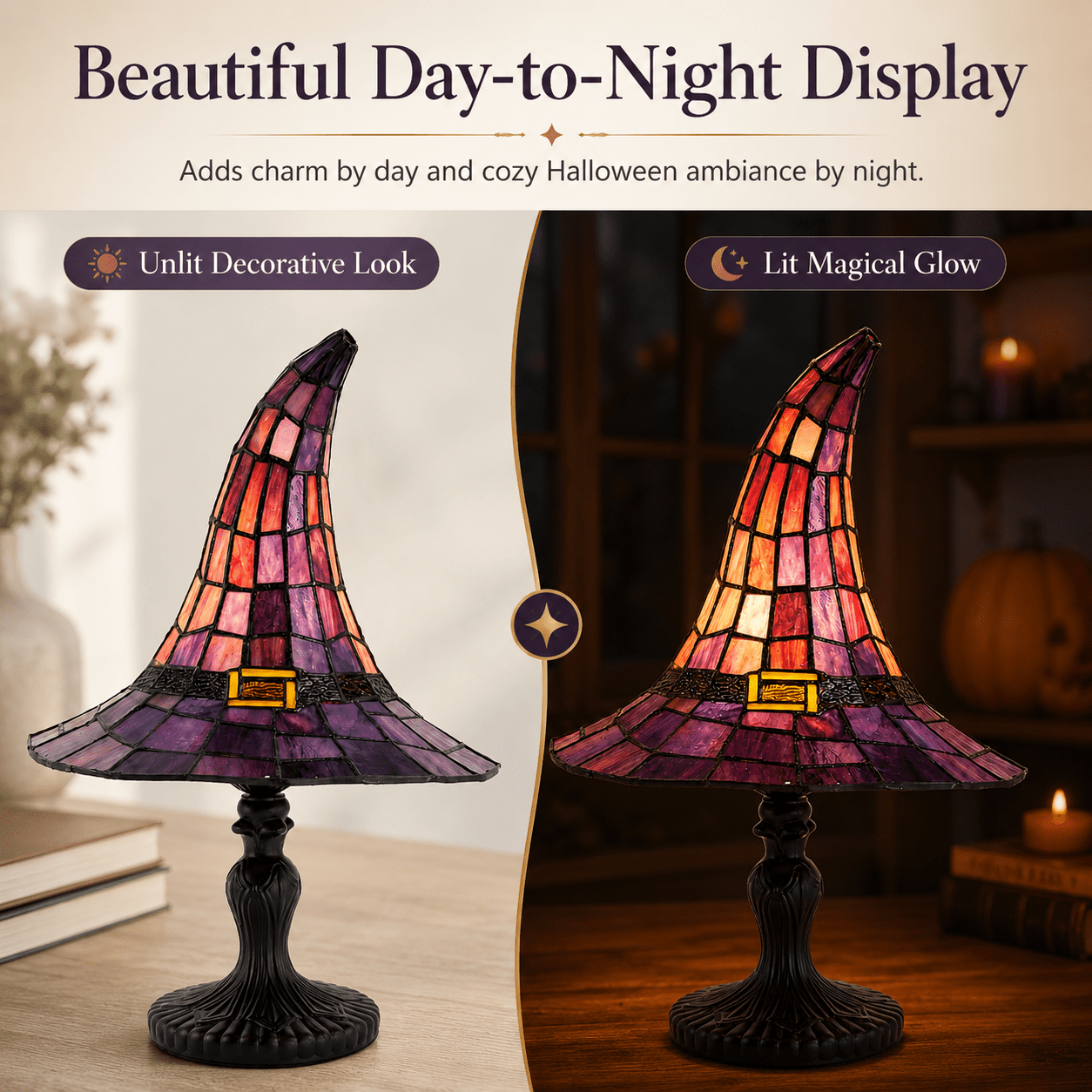 2026 Stained Glass Witch Hat Table Lamp, Colorful Gothic Halloween Décor with Purple & Orange Panels for Seasonal Accent Lighting & Display