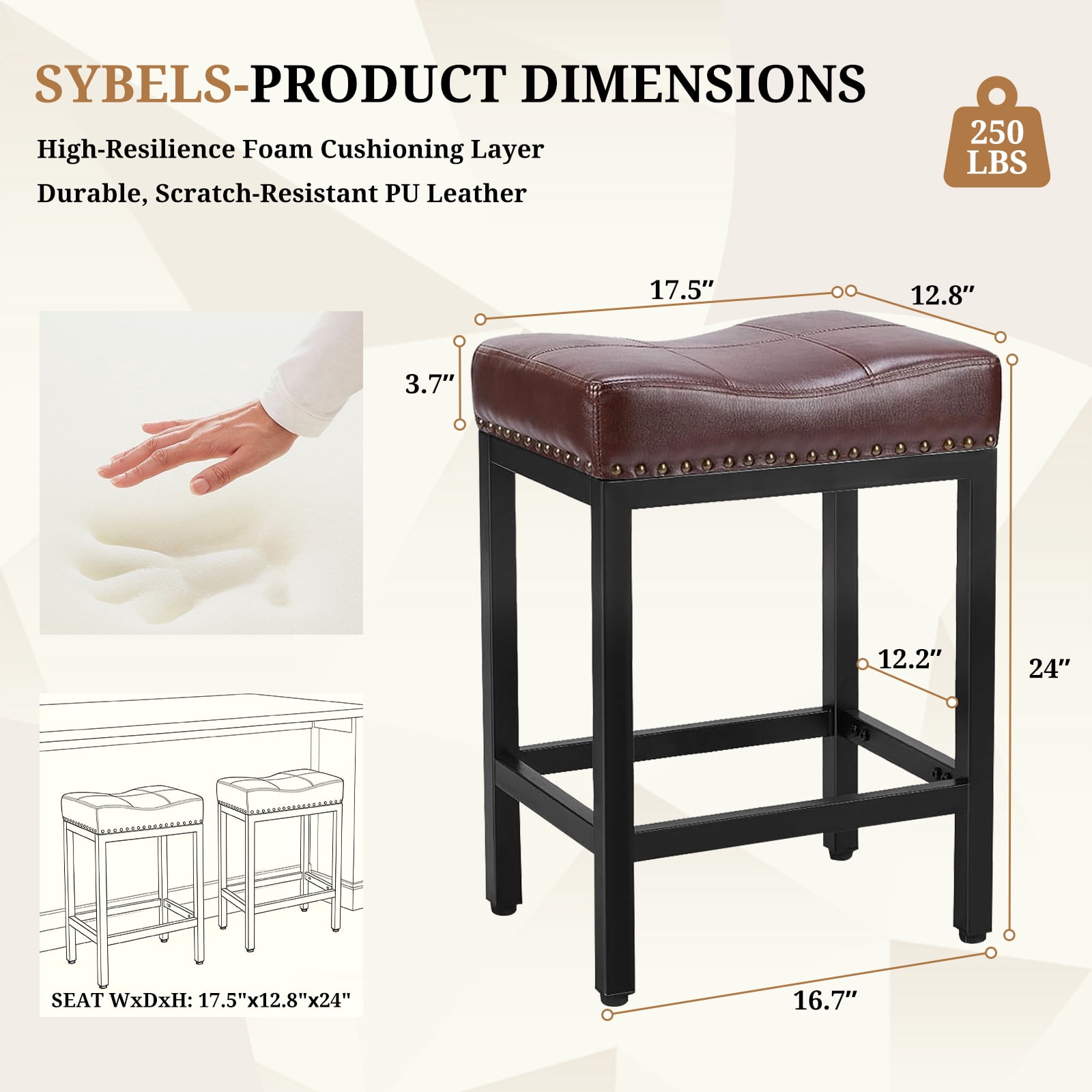 Sybels 24" Saddle Bar Stools (Set of 2) - PU Leather Counter Stools with Footrest for Kitchen Island, Cafe，Brown