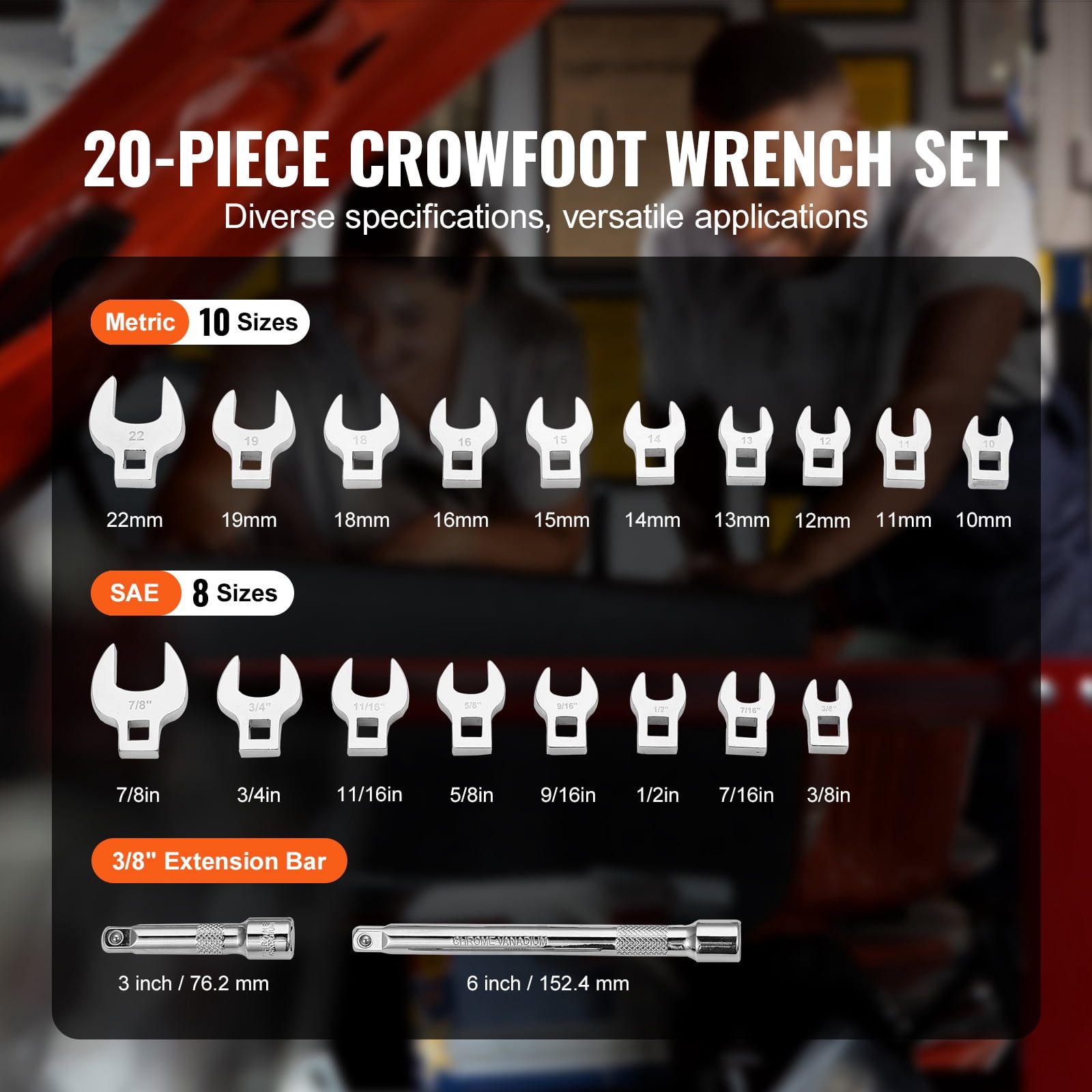 KFFKFF 20 Piece Claw Wrench Set 3/8 Inch Drive Wrench Set SAE Specs