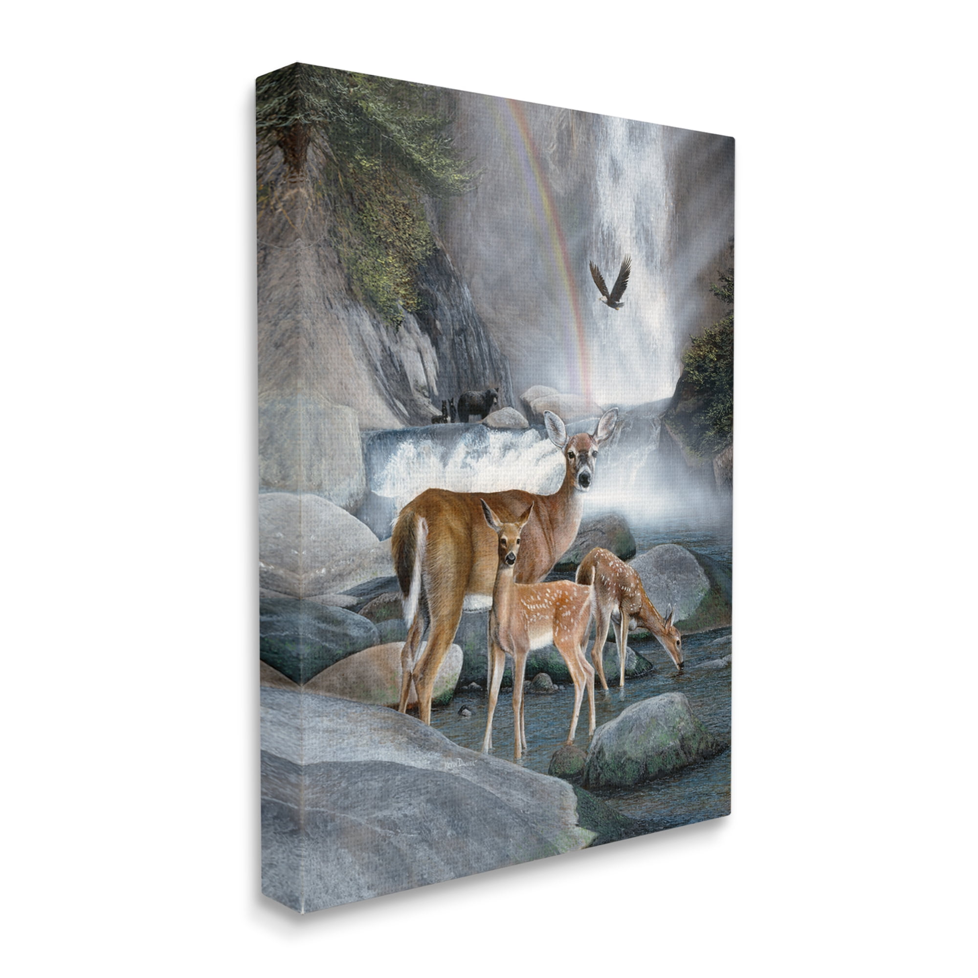 Stupell Industries Deer Family by Waterfall Animals & Insects Painting Gallery Wrapped Canvas Print Wall Art, 24 x 30