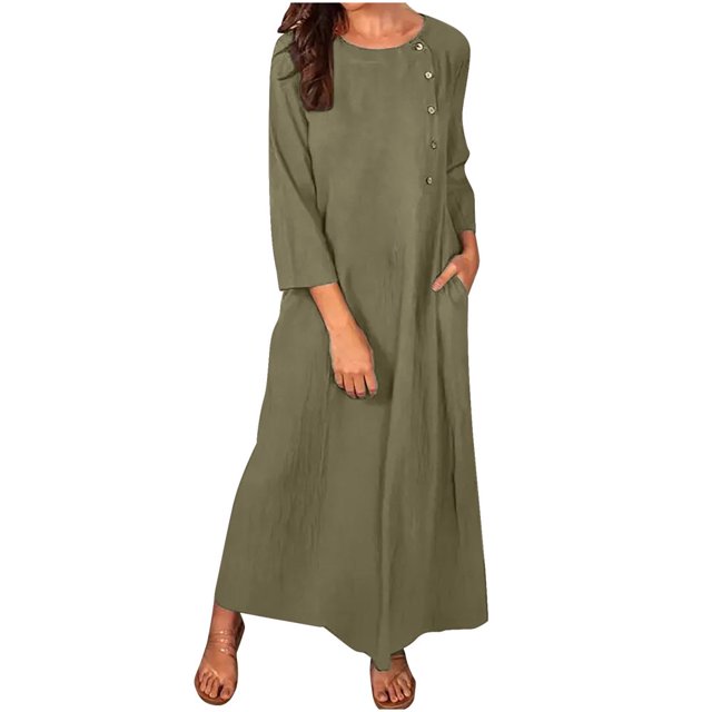 CHOK Robes d'Été Décontractées pour Femmes Robe Haute en Coton et Lin Manches 3/4 Coupe Ample Légère avec Poches