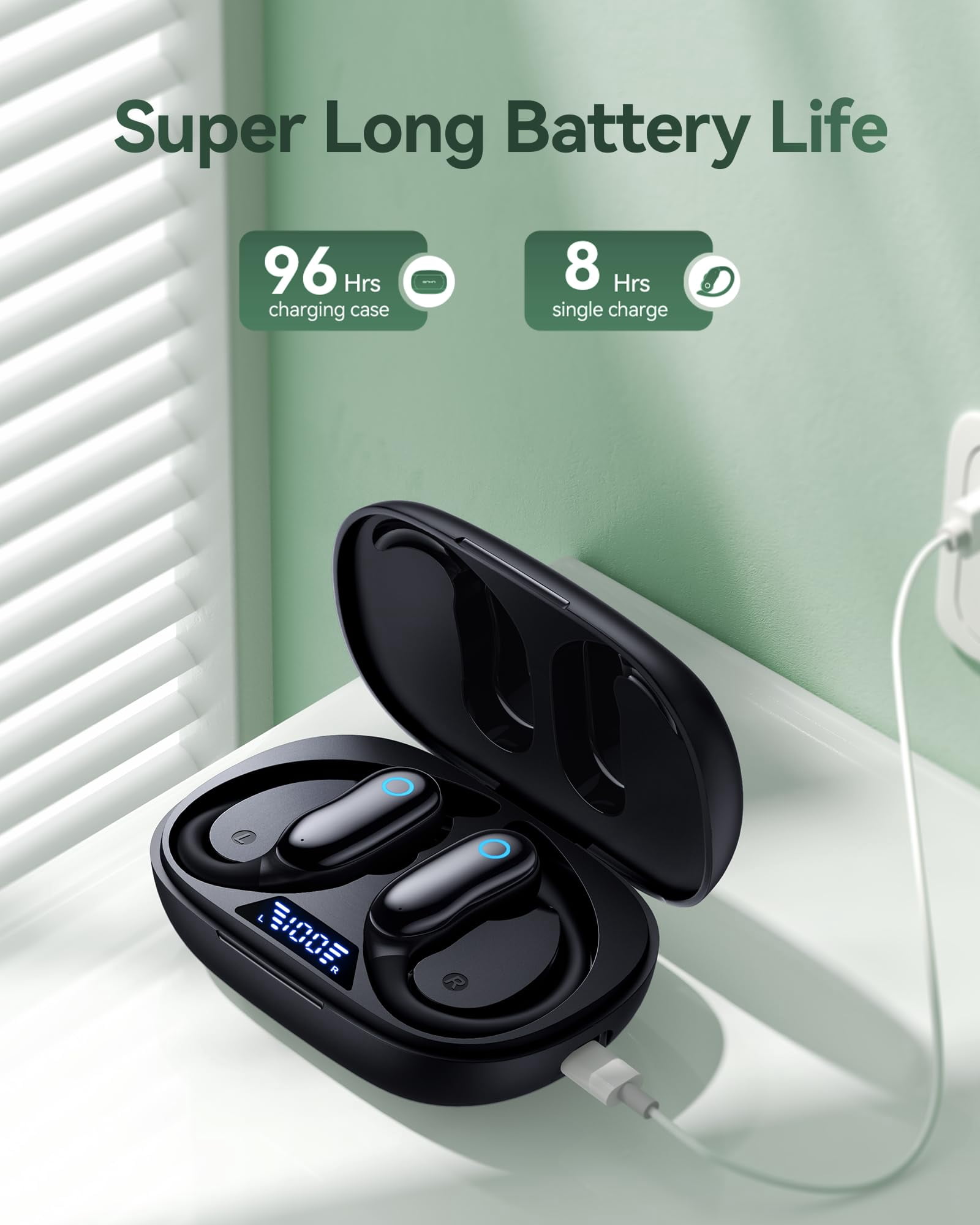 Active Noise Cancelling Ear Buds Wireless Earbuds 96hrs Playback Bluetooth Headphones Dual Battery Display Stereo Bass Earphones with Earhooks Microphone IPX7 Waterproof for Sports/Workout, Black