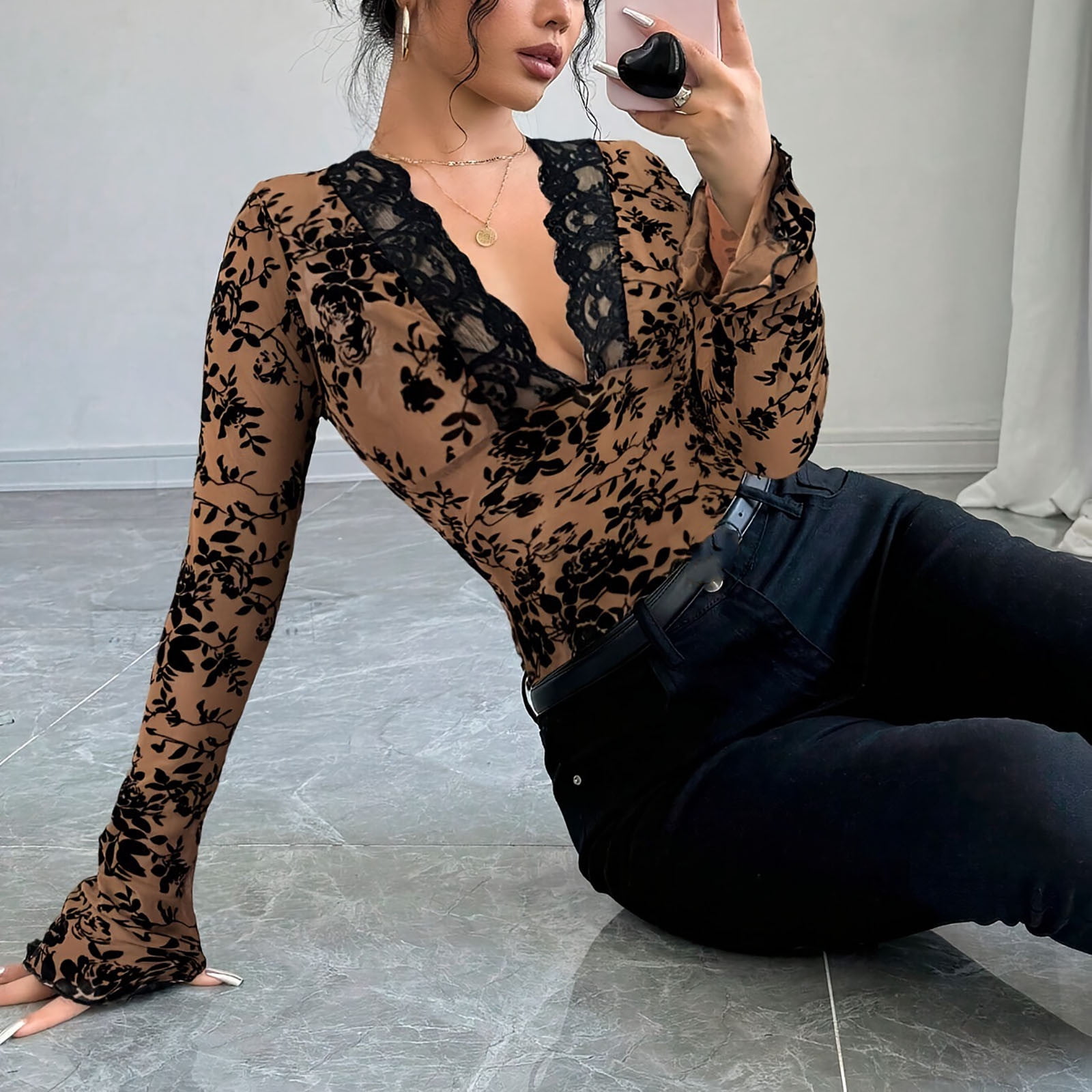Women's Y2K Lace Long Sleeve Top Deep V Neck Floral Mesh Crop Tee