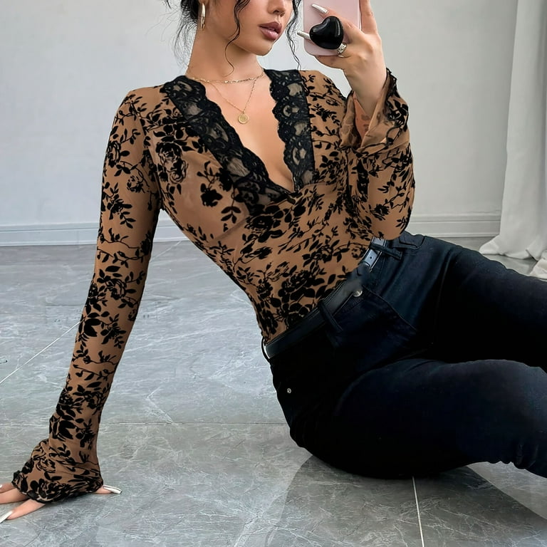 Women's Y2K Lace Long Sleeve Top Deep V Neck Floral Mesh Crop Tee