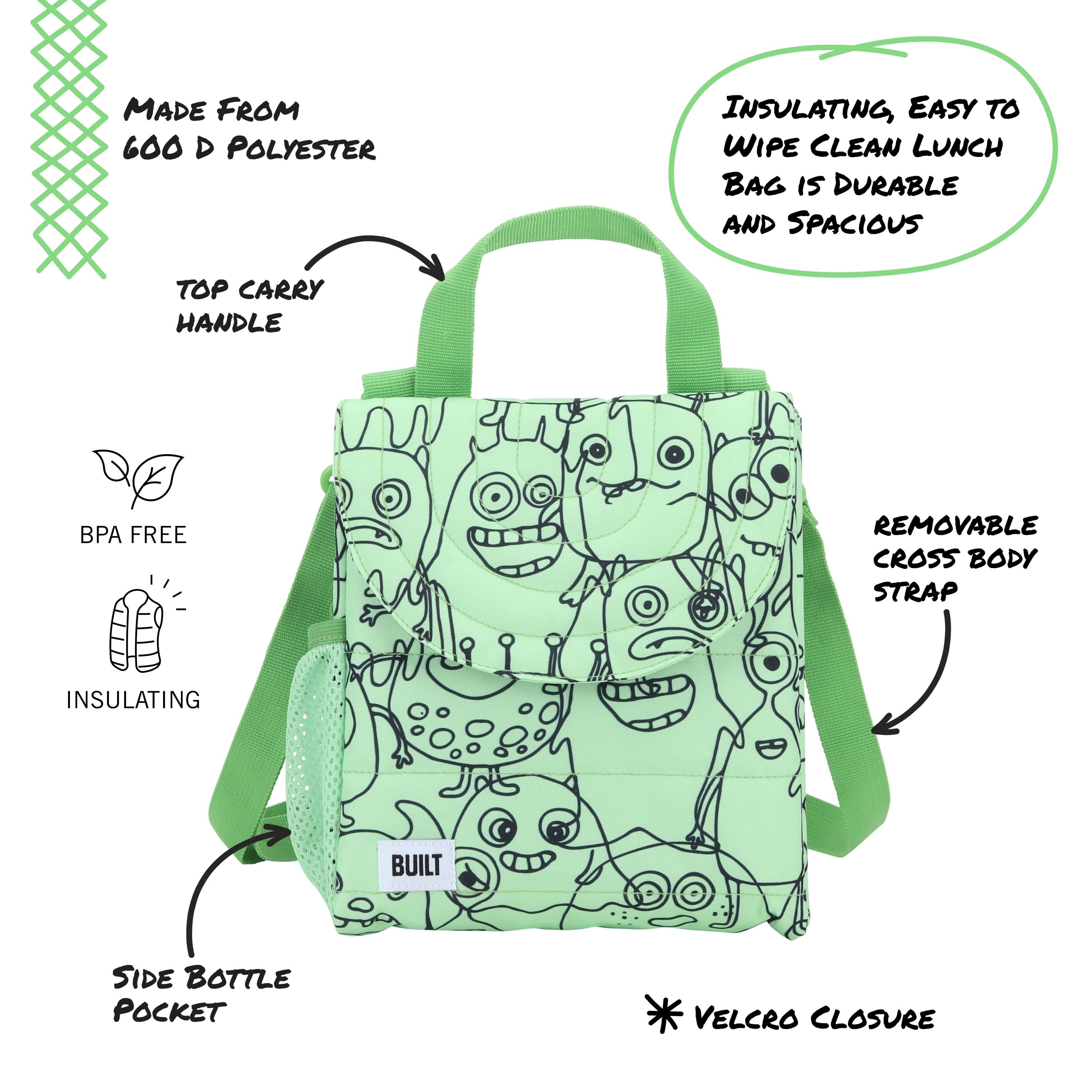 BUILT Insulated Reusable Polyester Kids Lunch Box Puffer Bag with Side Pocket, Monster Green