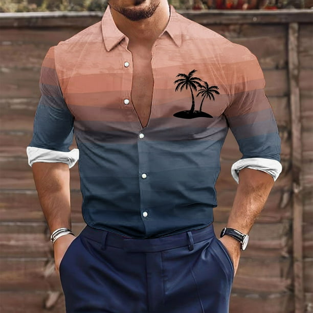 Blusa y camisa de manga larga con cuello vuelto para hombre, estilo casual, a la moda, con botones estampados, blusa de manga larga con cuello vuelto, camisetas de poliéster para hombre