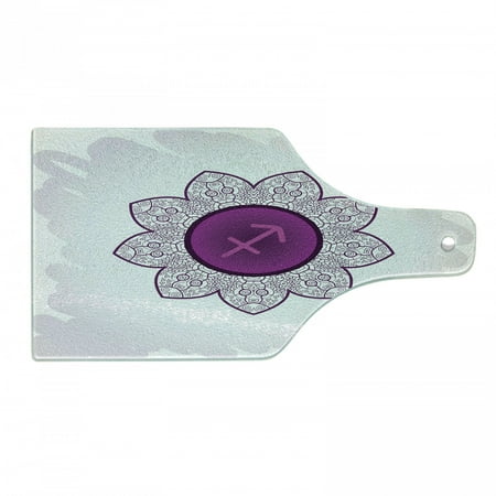 

Zodiac Sagittarius Cutting Board Oriental Mandala Design with Horoscope Floral Arrangement Decorative Tempered Glass Cutting and Serving Board Wine Bottle Shape Purple and White by Ambesonne